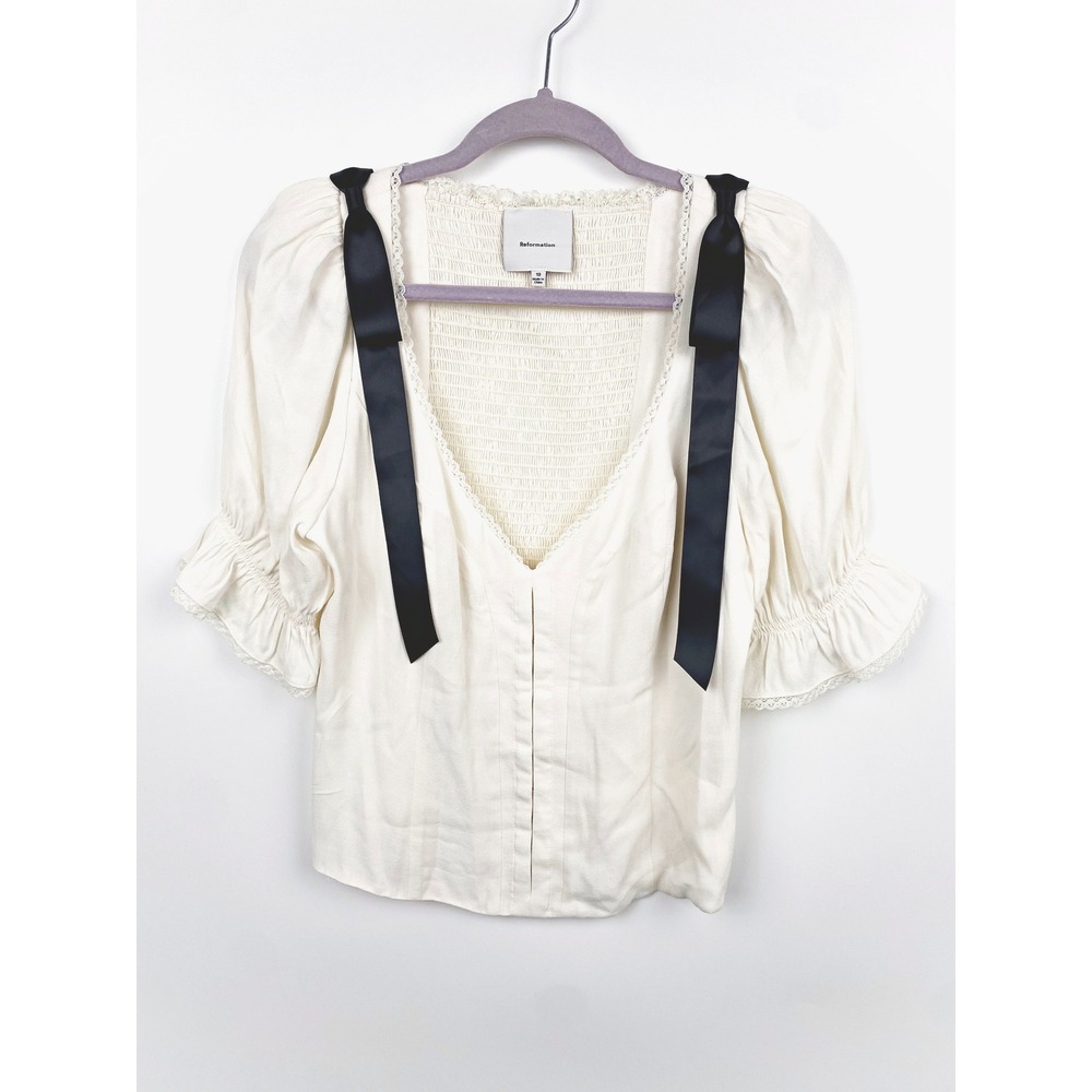 Reformation Inara Satin Bow Smocked Blouse Coquette